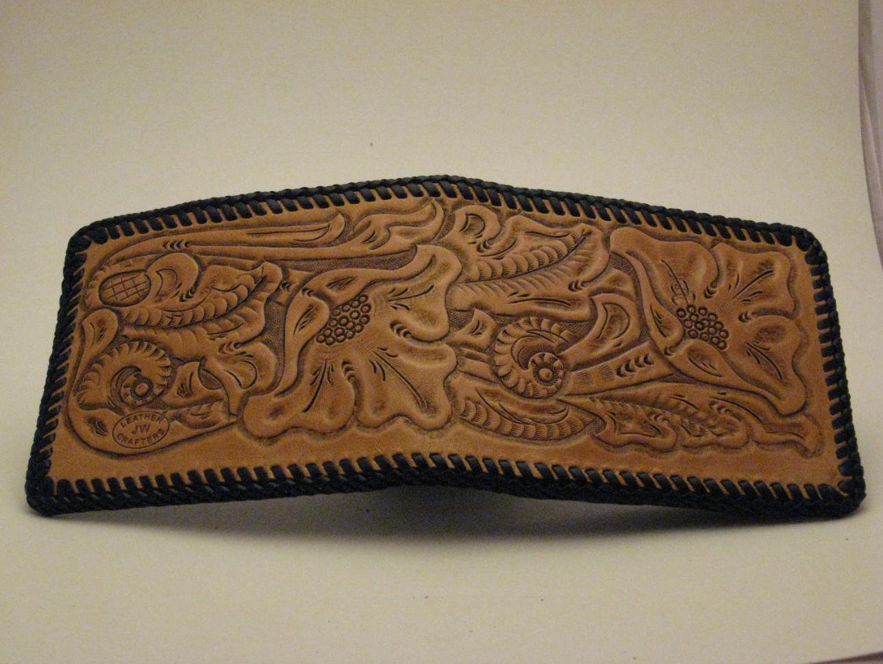 Men&#39;s Deluxe Wallet, Chestnut Tan, Black Lacing, Handtooled Leather, Western Floral W0008