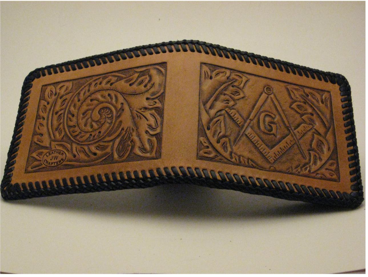 Men's Deluxe Wallet, Chestnut Tan, Black Lacing, Handtooled Leather, Western Floral, Mason W0007