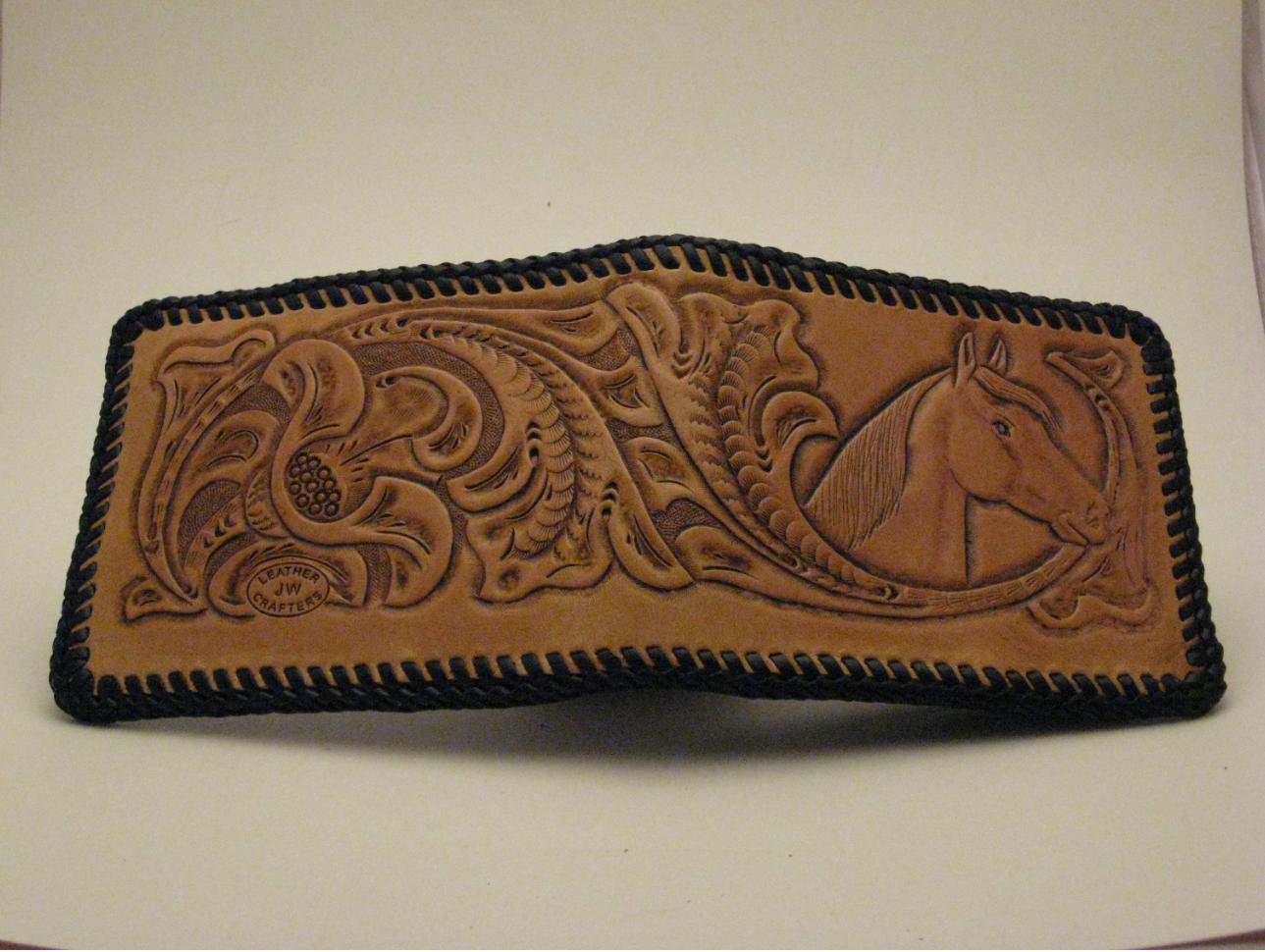 Men's Deluxe Wallet, Chestnut Tan, Black Lacing, Handtooled Leather, Western Floral, Horse W0004.1