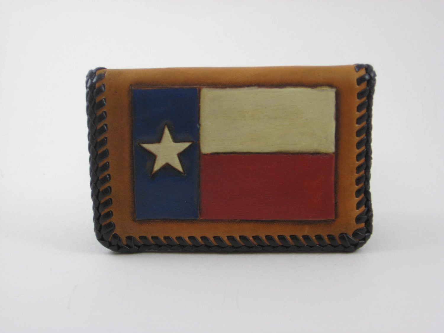 Business Card Case, Brown Lacing, Handtooled Leather, Texas Flag BC0001