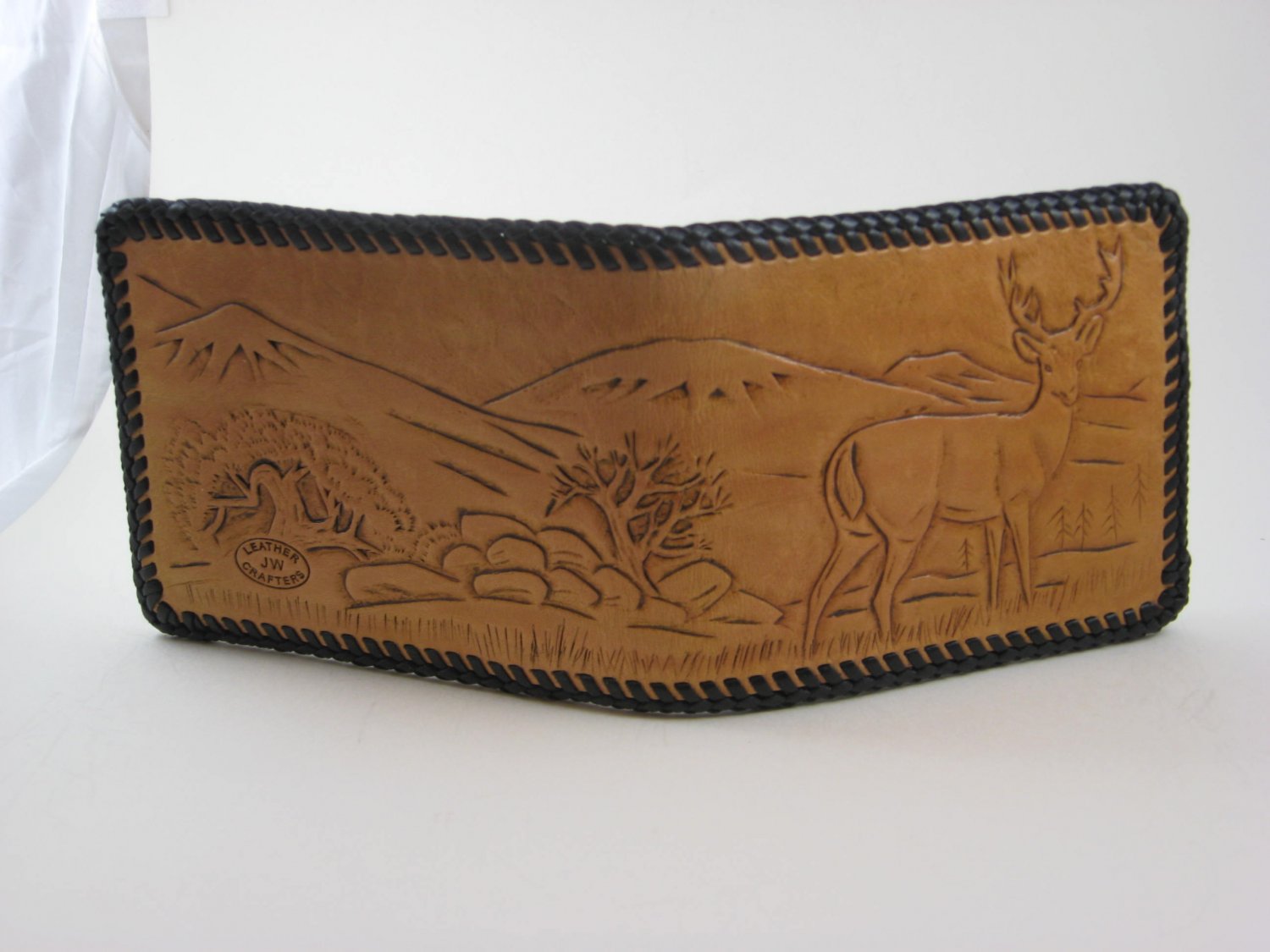 Men's Deluxe Wallet, Chestnut Tan, Black Lacing, Handtooled Leather, Deer Scene W0009