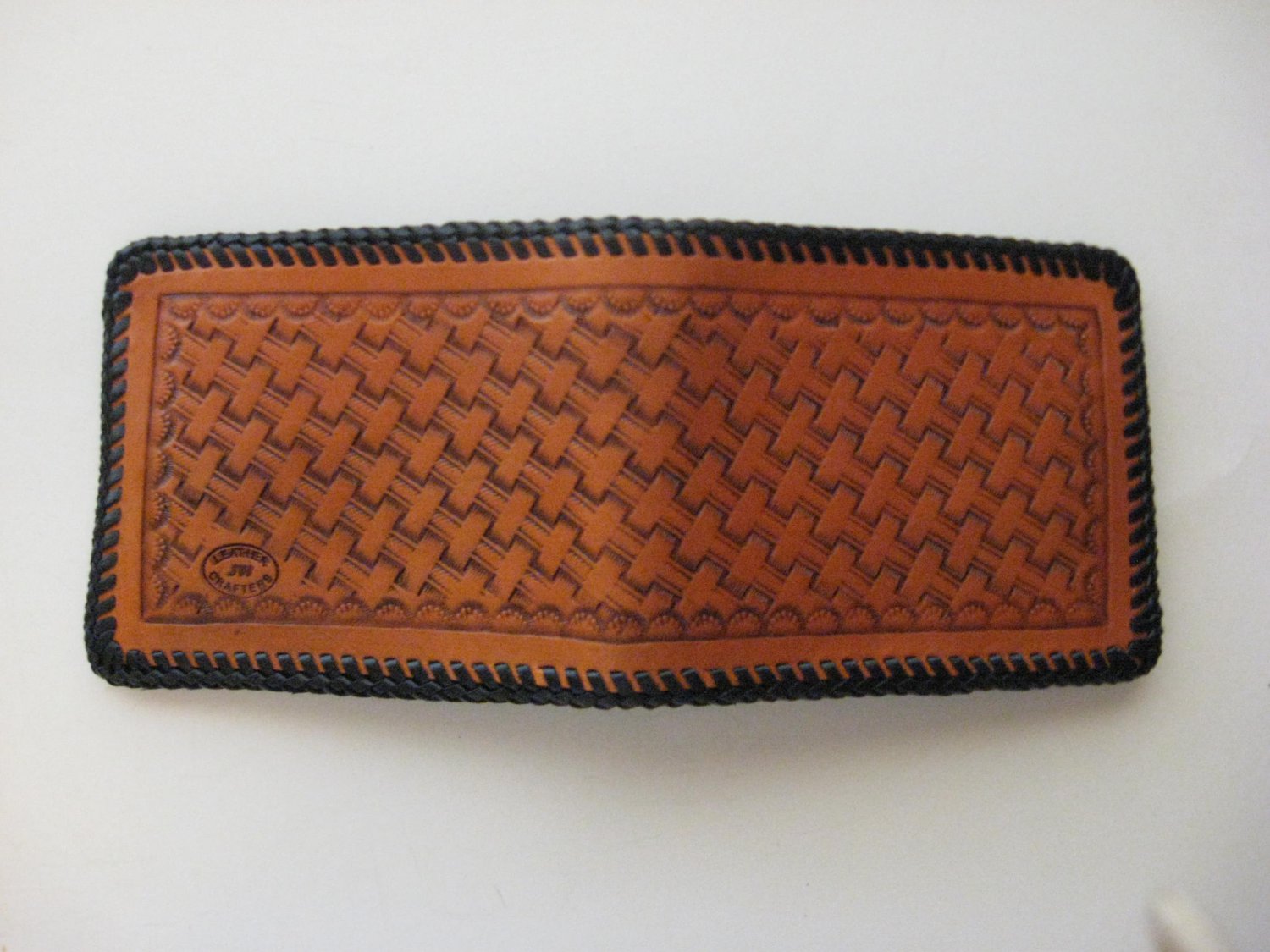 Men's Deluxe Wallet, Chestnut Tan, Black Lacing, Handtooled Leather, Basket Weave W00012
