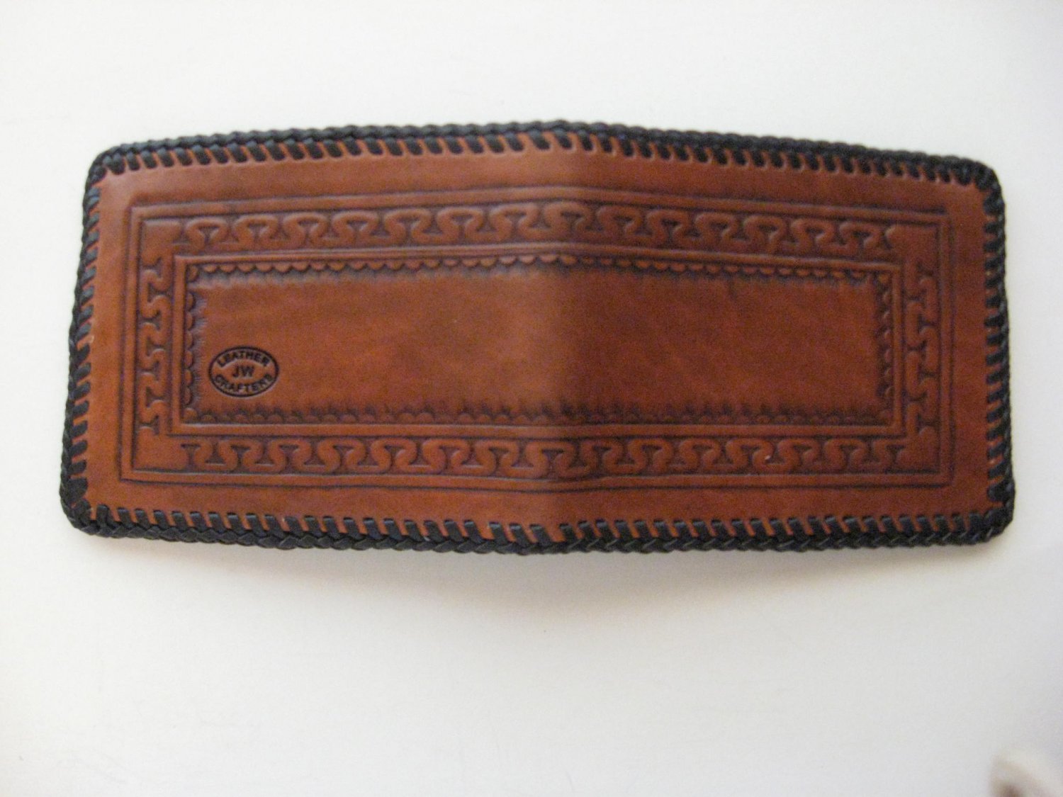 Men's Deluxe Wallet, Medium Brown, Dk Brown Lacing, Handtooled Leather, Serpentine Pattern W0013