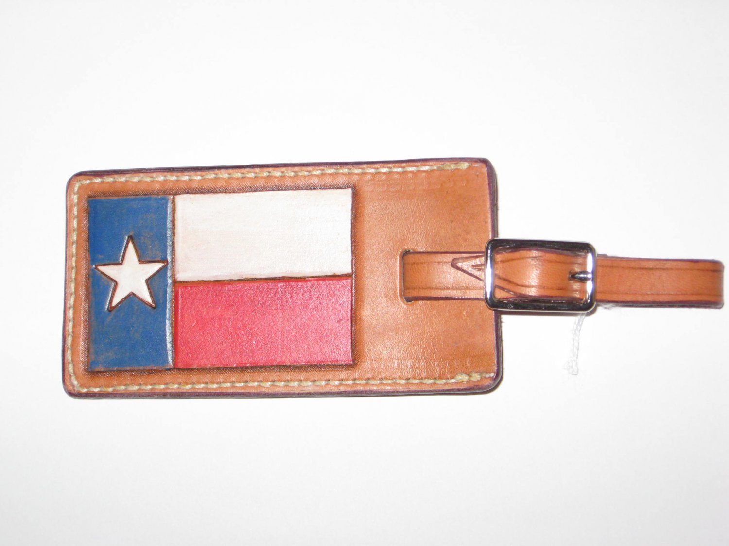 Luggage Tag, Chestnut Tan, Handtooled Leather, Texas Flag L0001