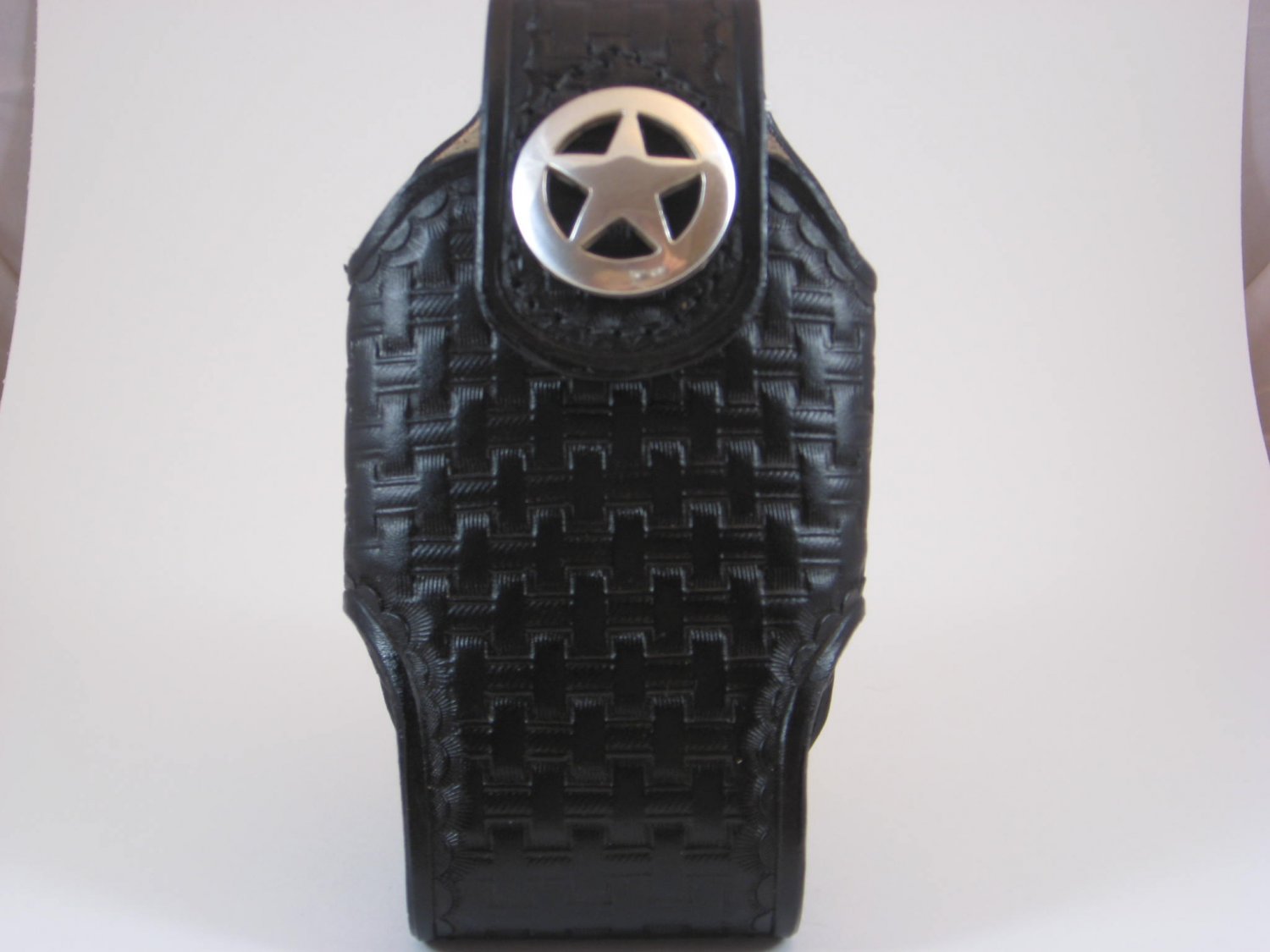 Cell Phone Holder, Medium, Handtooled Leather Case, Black Basketweave, Texas Star Concho P0006
