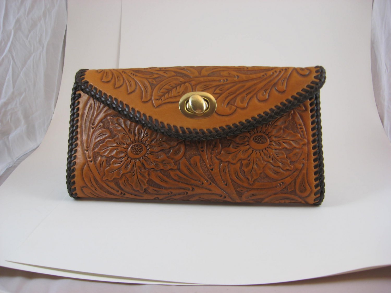 Phoenix Clutch Purse, Chestnut Tan, Brown Lacing, Handtooled Leather, Western Floral PU0002