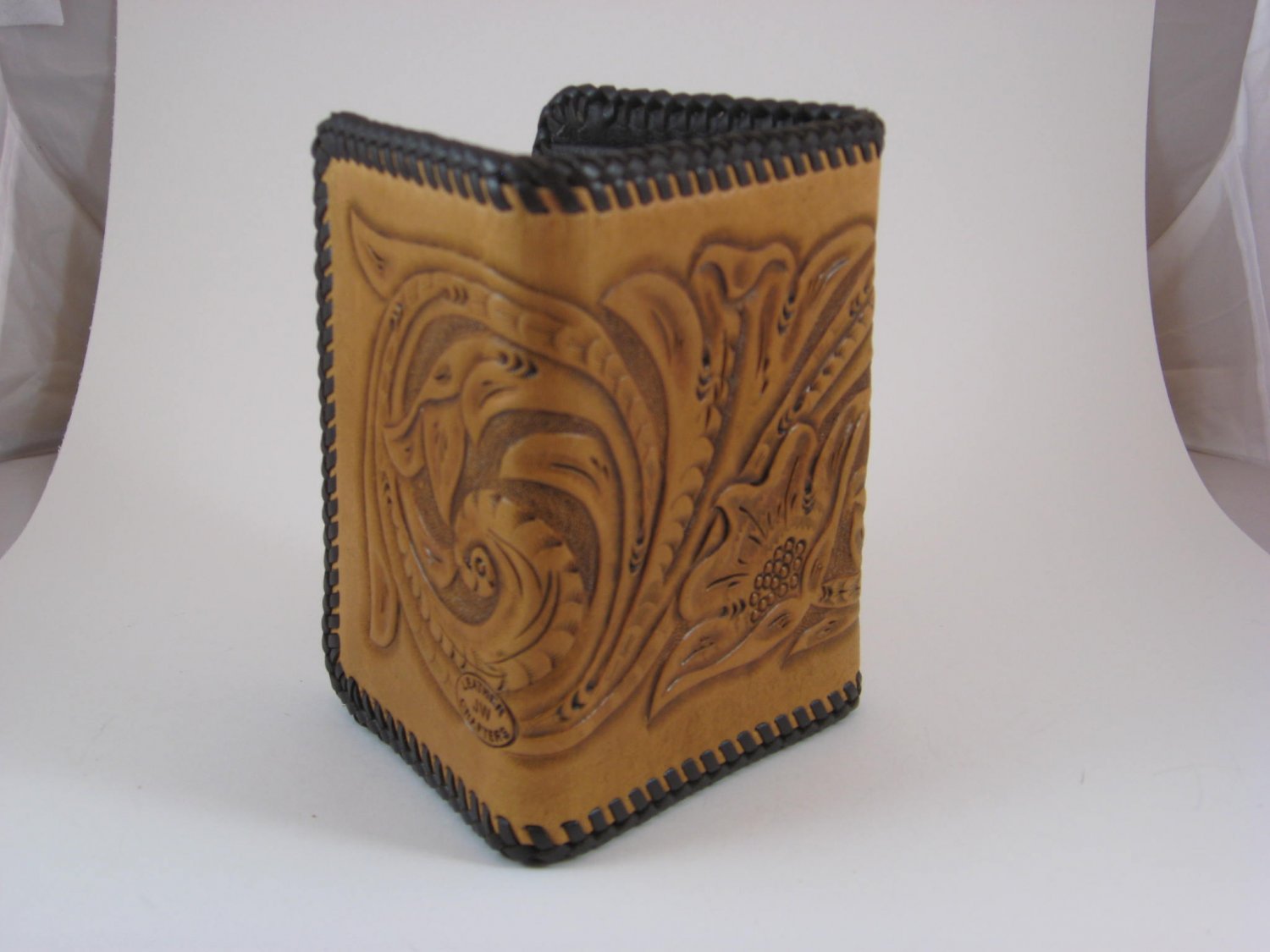 Men's Three Fold Wallet, Chestnut Tan, Brown Lacing, Handtooled Leather, Western Floral W0014