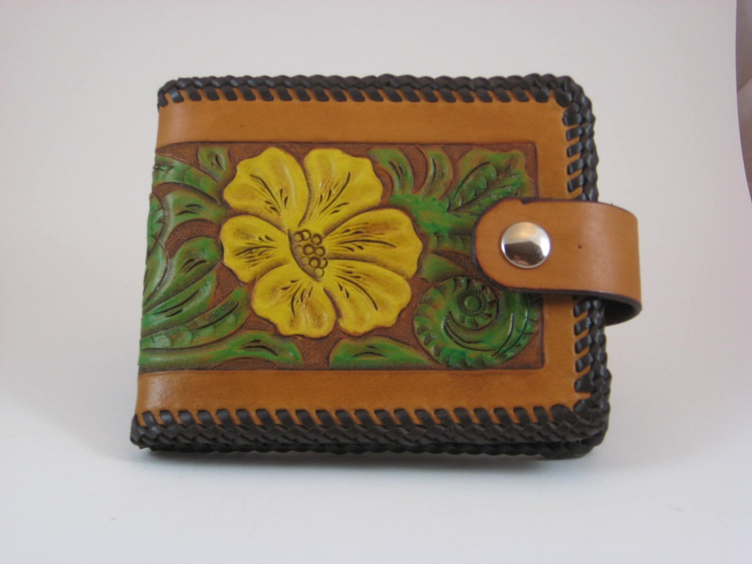 Ladies Deluxe Wallet, Chestnut Tan, Brown Lacing, Handtooled Leather, Yellow Flower W0015