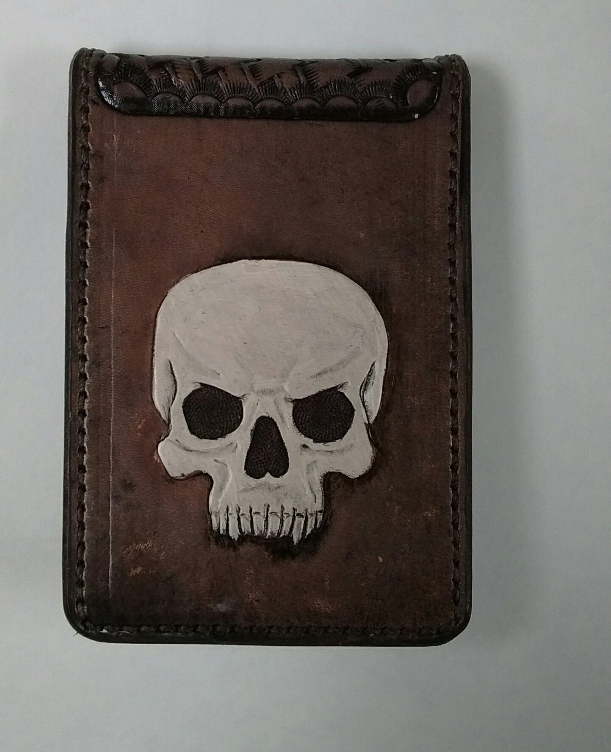 Money Fold Wallet, Skull, Basket Weave, Black Antique Finish, Stitched WP0012