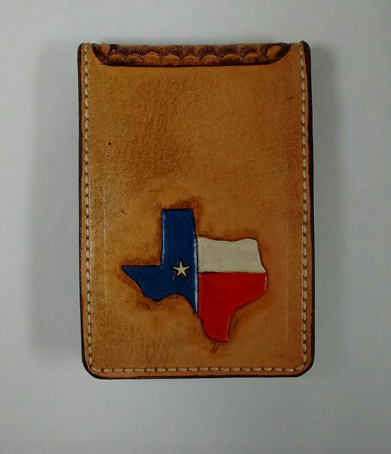 Money Fold Wallet, Texas Outline, Basket Weave, Tan Finish, Stitched WP0011