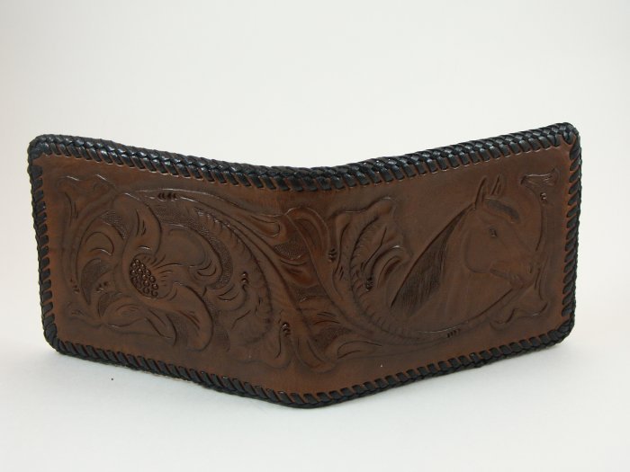 Men's Deluxe Wallet,Walnut, Brown Lacing, Handtooled Leather, Western Floral, Horse W0005.1
