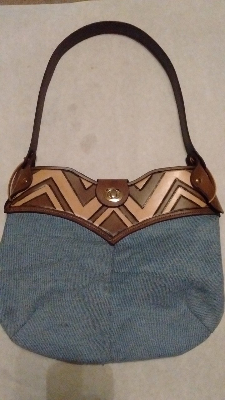 Old Jeans Purse, Tan, Two Tone, Handtooled Leather, Running W pattern PU0020