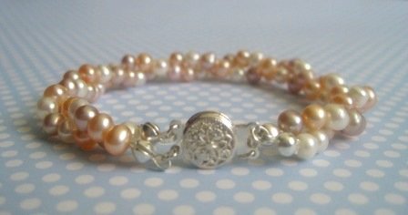 Handcrafted 2 Strand Classic Pearl Bracelet LAURA MULTI-COLORED by Rivkas Collections