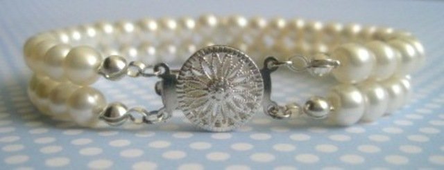 Handcrafted 2 Strand Classic Pearl Bracelet with Swarovski Crystals MADISON by Rivkas Collections