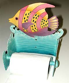 WHIMSICAL TROPICAL FISH METAL ART TOILET PAPER HOLDER