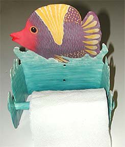 PUNKY PINK FACED TROPICAL FISH METAL ART TOILET PAPER HOLDER