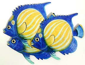 THREE BLUE RINGED ANGELFISH METAL WALL ART