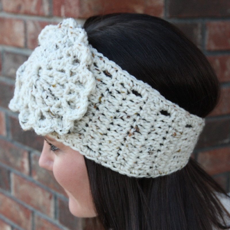 Headband Ear Warmer Crochet Head Wrap Ivory Tweed B1