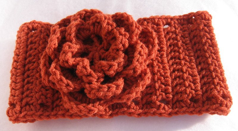 Headband Crochet Burnt Orange UPDown Flower Ear Warmer Head Wrap B6