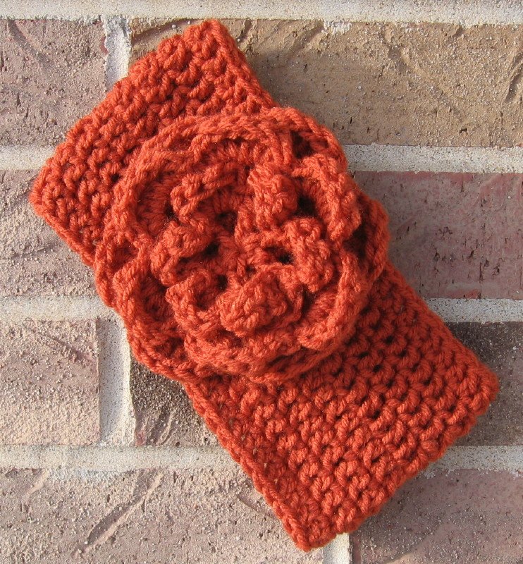 Headband Crochet Burnt Orange Flower Around Ear Warmer Head Wrap D3
