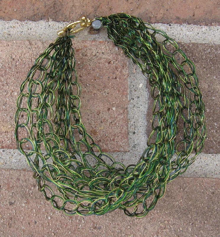 Crochet Bracelet Green and Gold Chain Wire Colored Copper WJ1