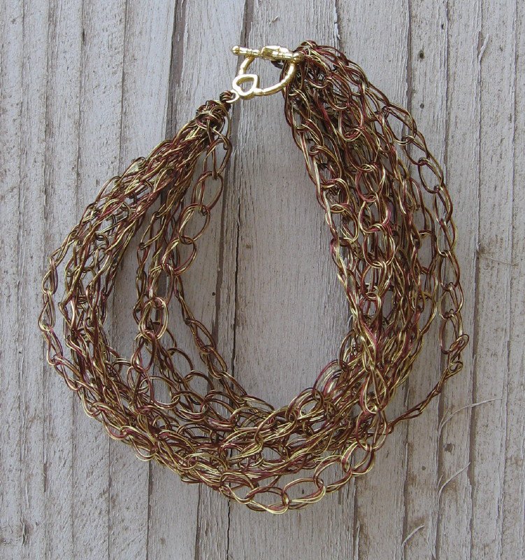 Crochet Bracelet Brown and Gold Chain Wire Colored Copper WJ2