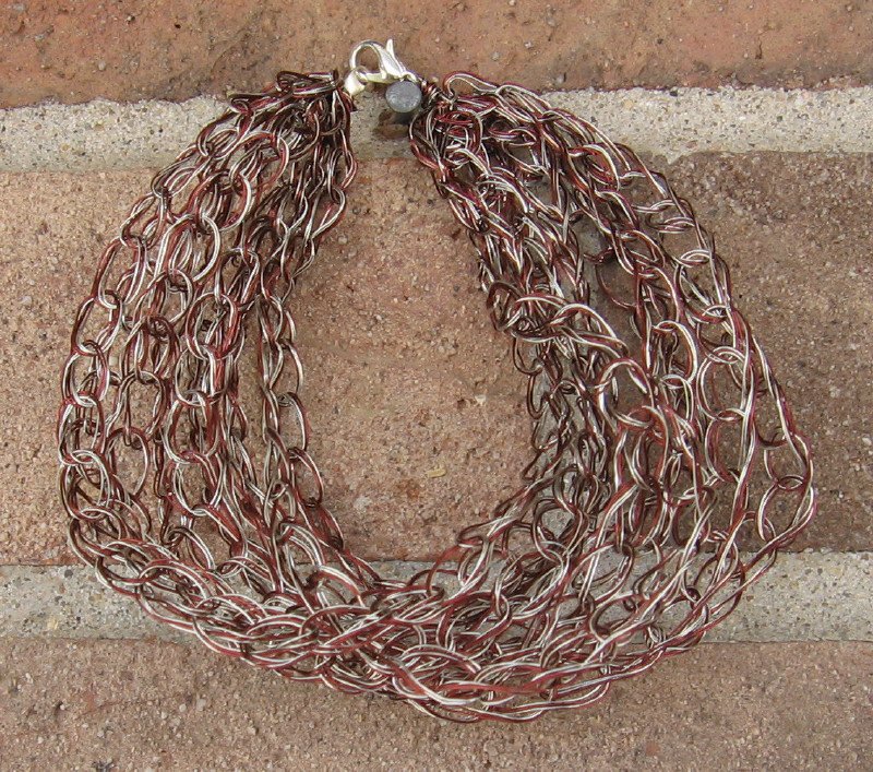 Crochet Bracelet Brown and Silver Chain Wire Colored Copper WJ3