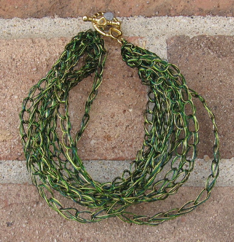 Crochet Bracelet Green and Gold Chain Wire Colored Copper WG1