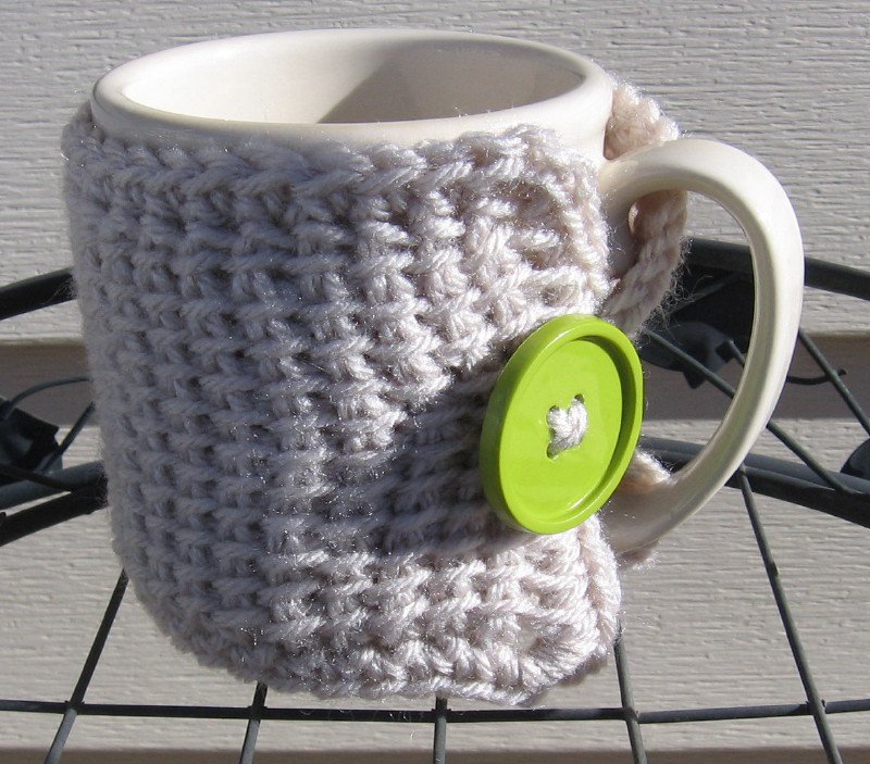 Crochet Coffee Tea Mug Cup Cozy Linen Green Button MC1