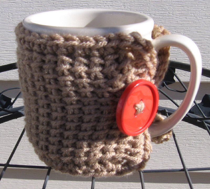 Crochet Coffee Tea Mug Cup Cozy Taupe Orange Button MC3