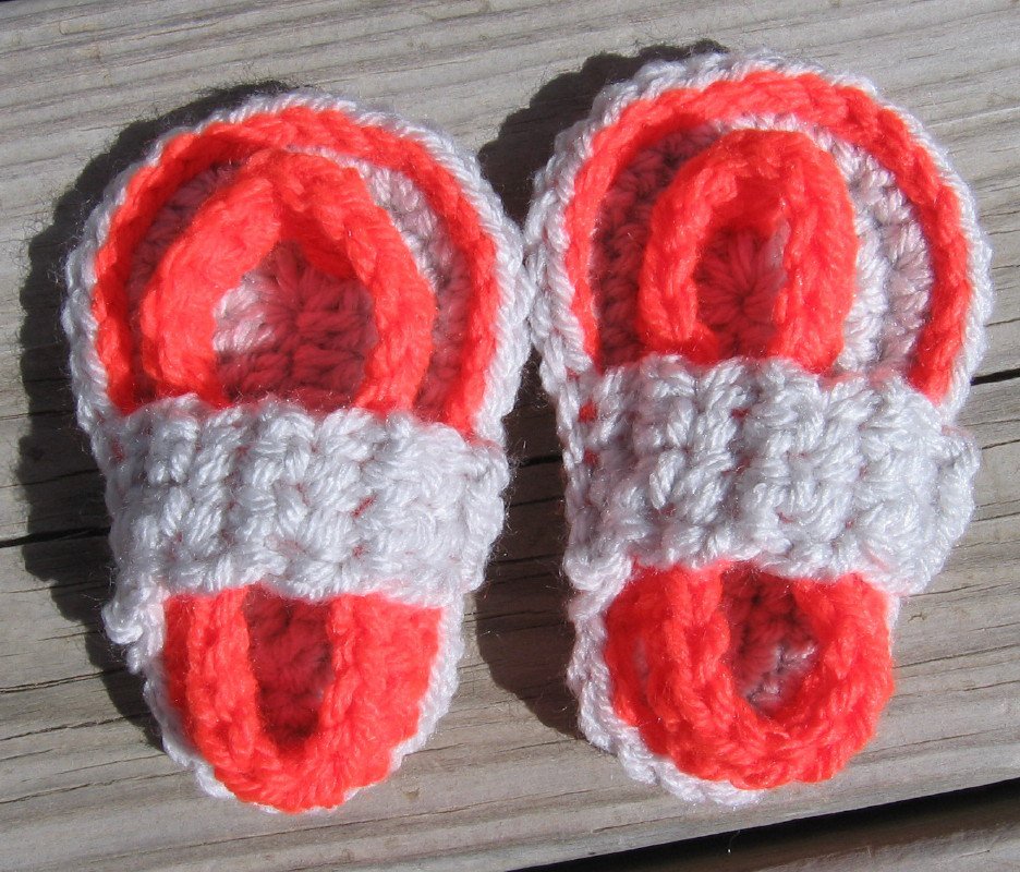 Crochet Baby Sandals Flip Flops Strap Neon Orange and Light Gray 4 Inch.