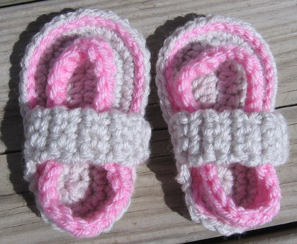 Crochet Baby Sandals Flip Flops Strap Pink and Light Gray 4 1/2 Inch.