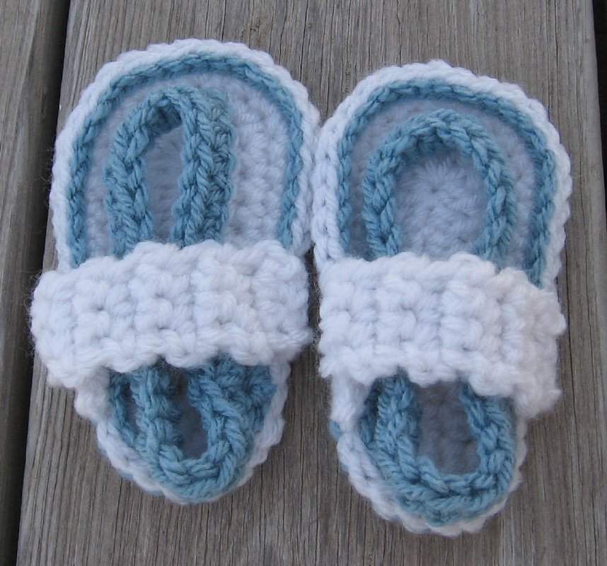 Baby Sandals Flip Flops Strap Crochet White Blue 4 1/2 inch FFWB