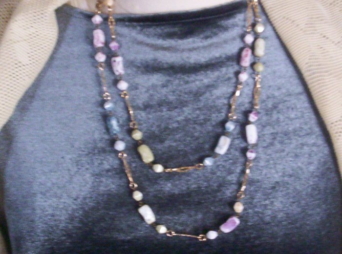 Faux stone and goldtone chain necklace in soft Spring colors