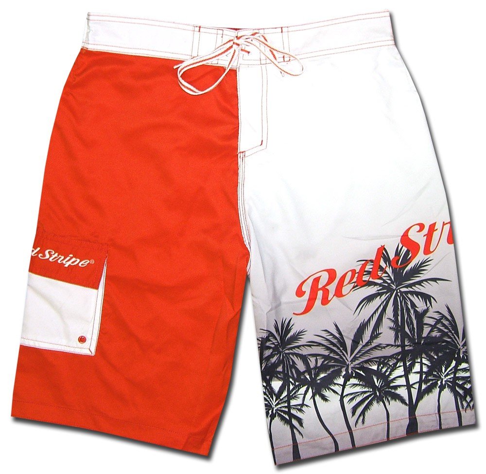Red Stripe Beer Men Surf Beach Board Shorts Swim Trunks Medium 32 to 34