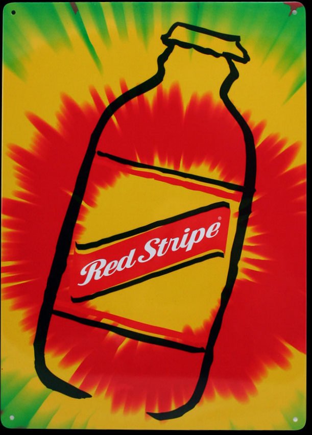 Red Stripe Jamaican Beer Bottle Tin Tie Dye Bar Wall Sign