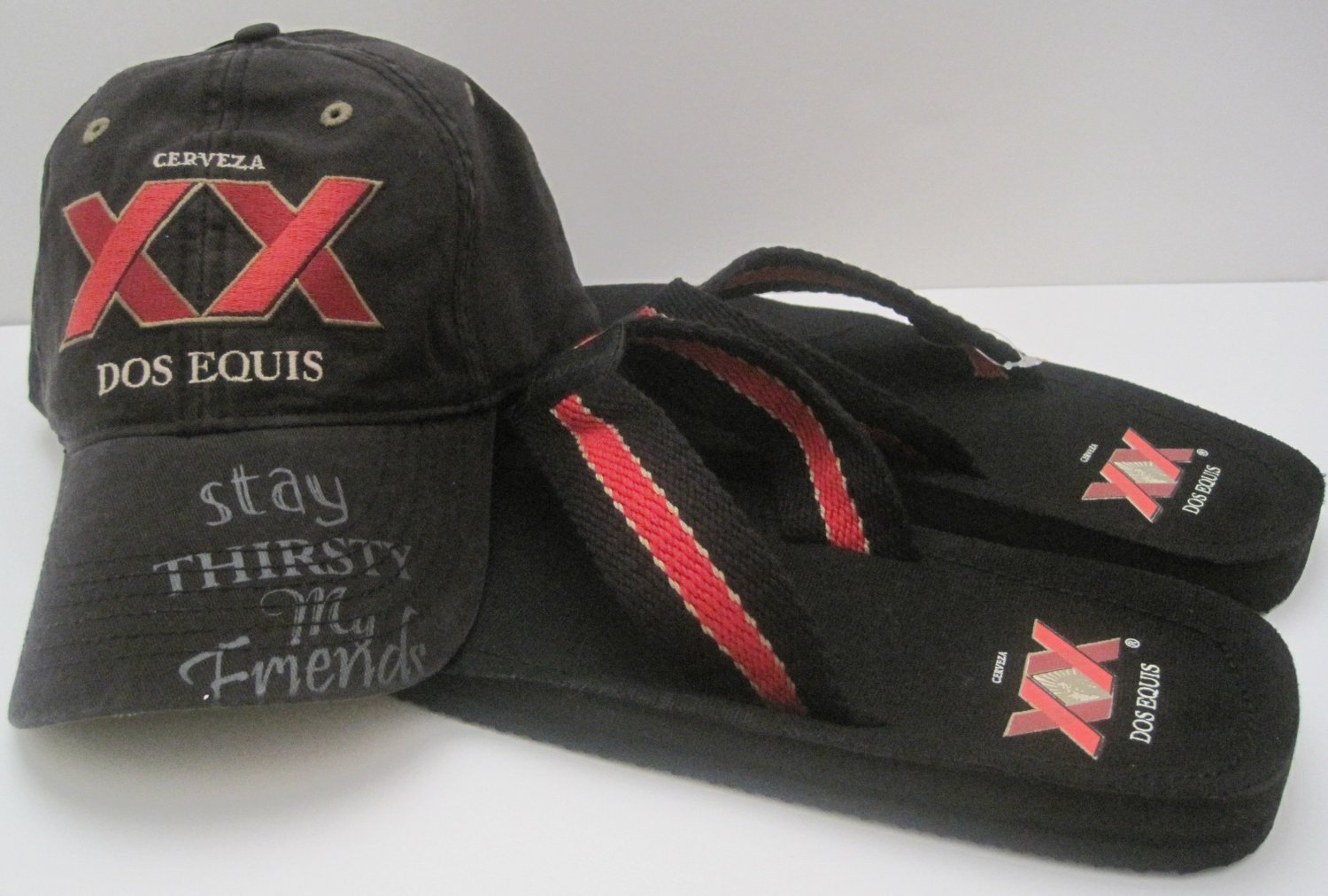 Dos Equis XX Cerveza Beer Baseball Hat Cap Flip Flop Sandals Size Medium 8/9