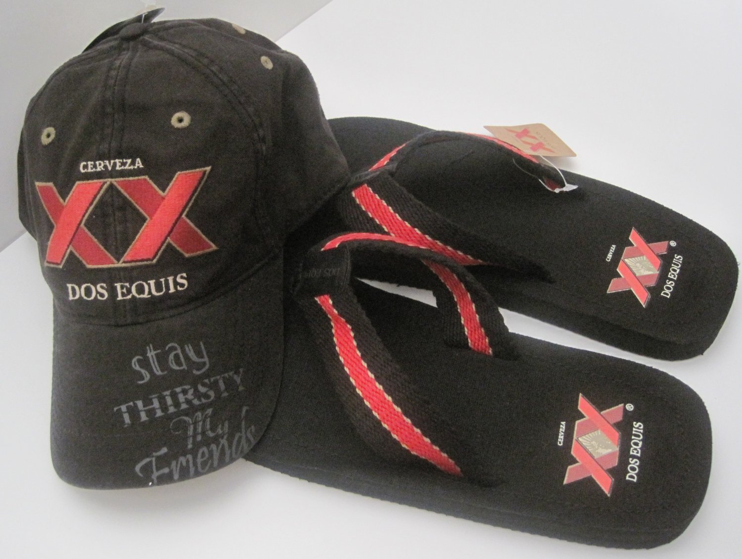 Dos Equis XX Cerveza Beer Baseball Hat Cap Flip Flop Sandals Size Large 10/11
