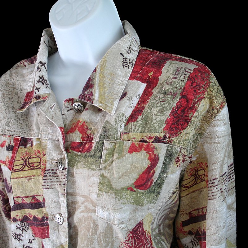 Chicos Tan Cranberry Asian Print Linen Blend Jacket Chico's Size 2 (Women's Large) L