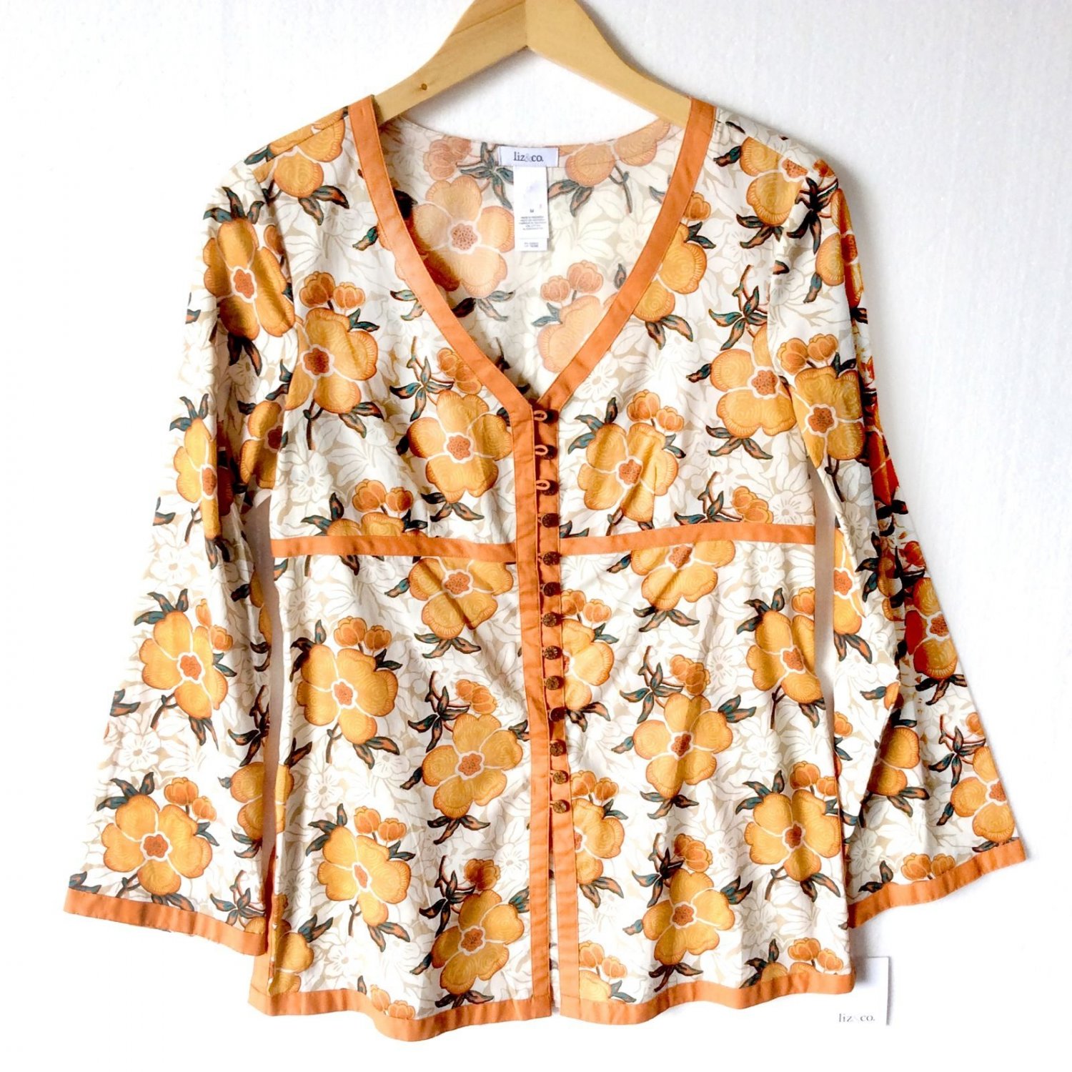 Liz & Co. Orange Trim Floral Cotton Tunic Top Blouse Women's Size Medium M Brand New