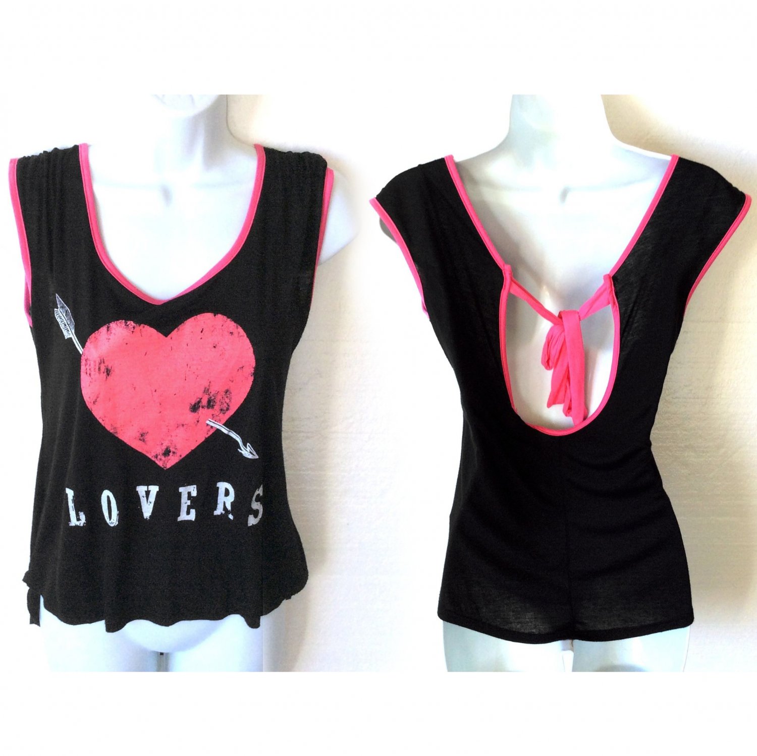 Lovers Heart Tank Top Keyhole Tie Back Hi Lo Boxy Pink Black Women's Size Medium (M) New