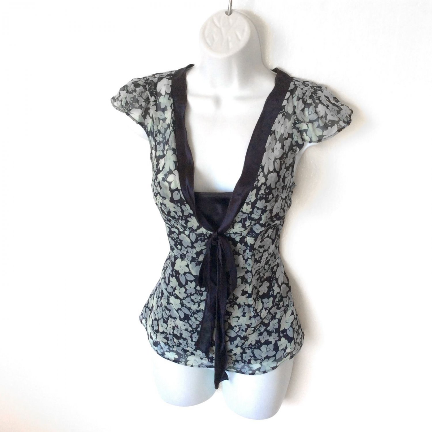 Banana Republic Blue Floral Silk Tie Front Sleeveless Top Women's Size Small (S)