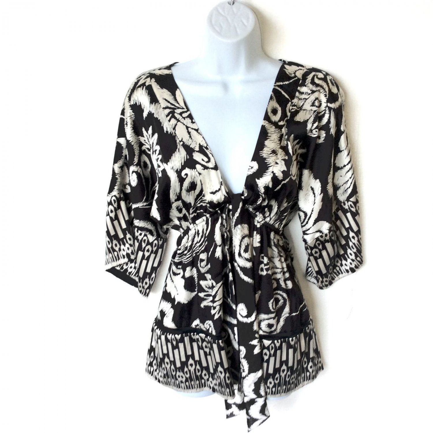 Joseph Black and Ivory Cream Silk Tie Bust Tunic Top Blouse Shirt Women's Size Small (S)