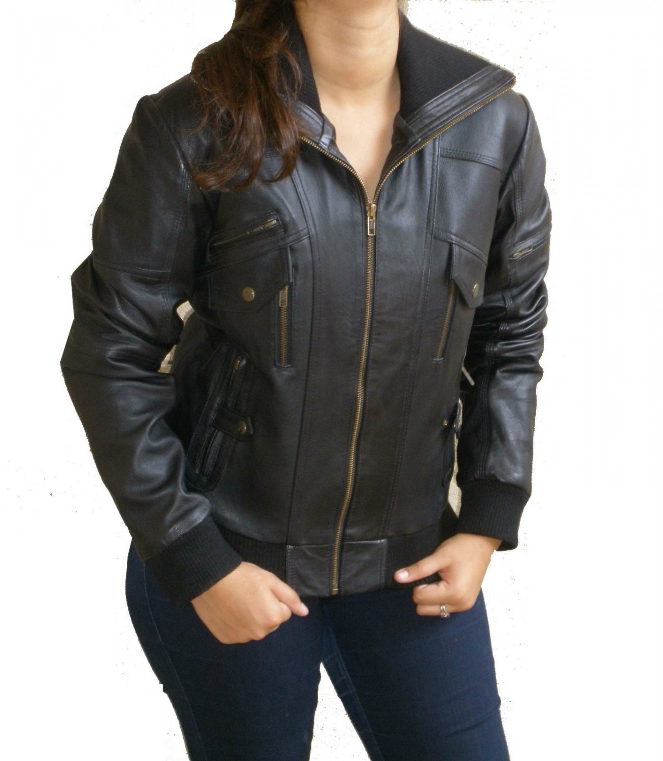 NWT Women's High Neck Rib Bomber Leather Jacket Style 40F Size "L