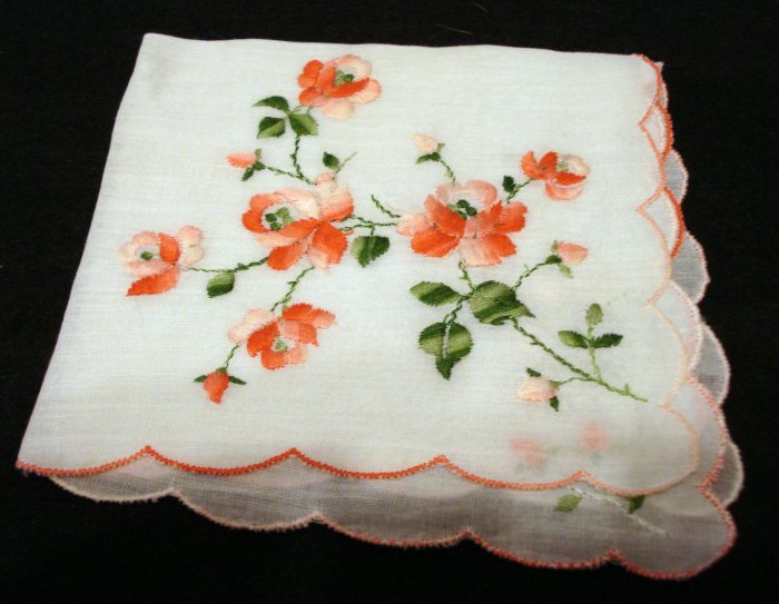 Rose embroidered linen hanky scalloped hem vintage hanky ll2155