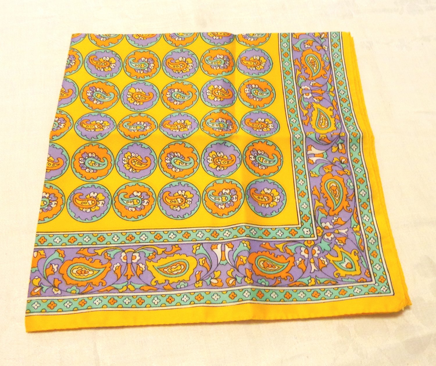 Paisley acetate scarf bright orange, green, taupe vintage 20 inches square ll3514