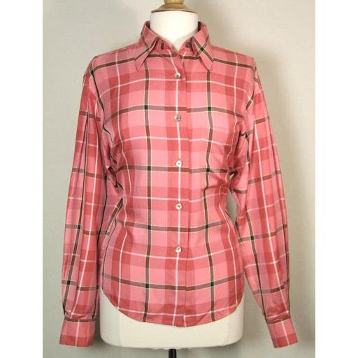 ELLEN TRACY Coral Silk Plaid Button Down Shirt Top- Size 10