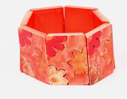 Wood Rectangular Bracelet w Red Painted Flowers