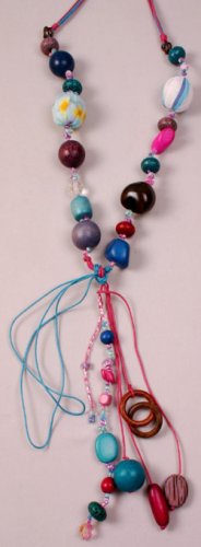 Blue & Pink Multi Colored Fabric Beaded Necklace w Long Dangles