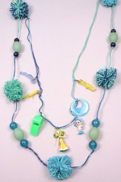 Green & Blue Necklace w Wool Pompoms